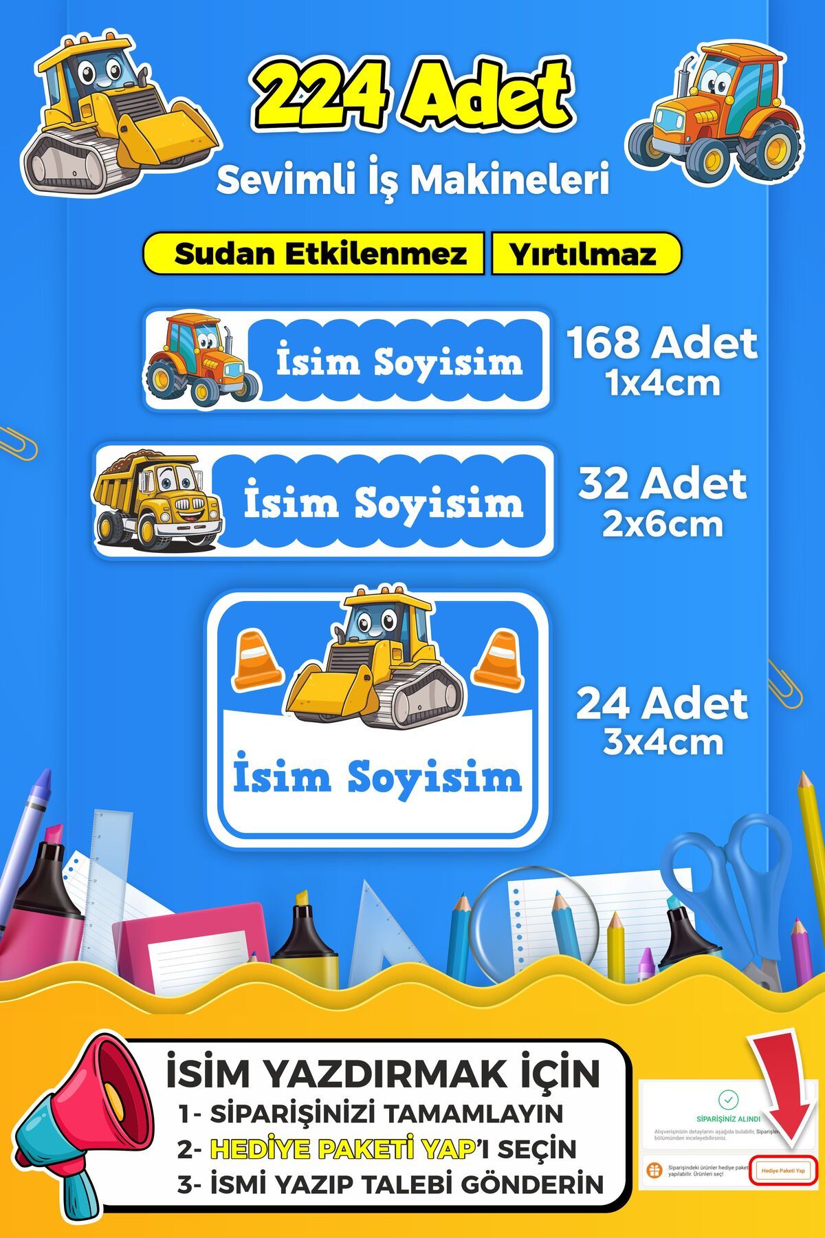 SB store İş Makineleri Temalı Okul Kreş Kişiye Özel İsim Etiket Seti - Model 257
