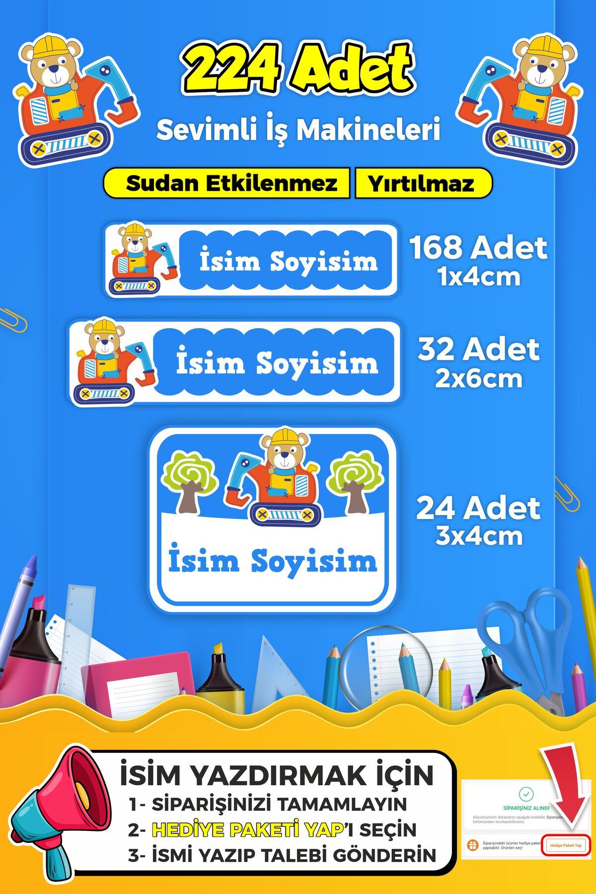 SB store İş Makineleri Temalı Okul Kreş Kişiye Özel İsim Etiket Seti - Model 258