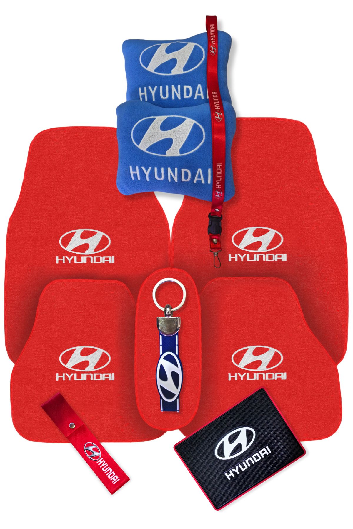 TUSBA MARKET Hyundai Nakışlı 5 Parça Kırmızı Oto Halı Paspas | Hyundai Mavi Polar Araç Yastık & Oto Aksesuar