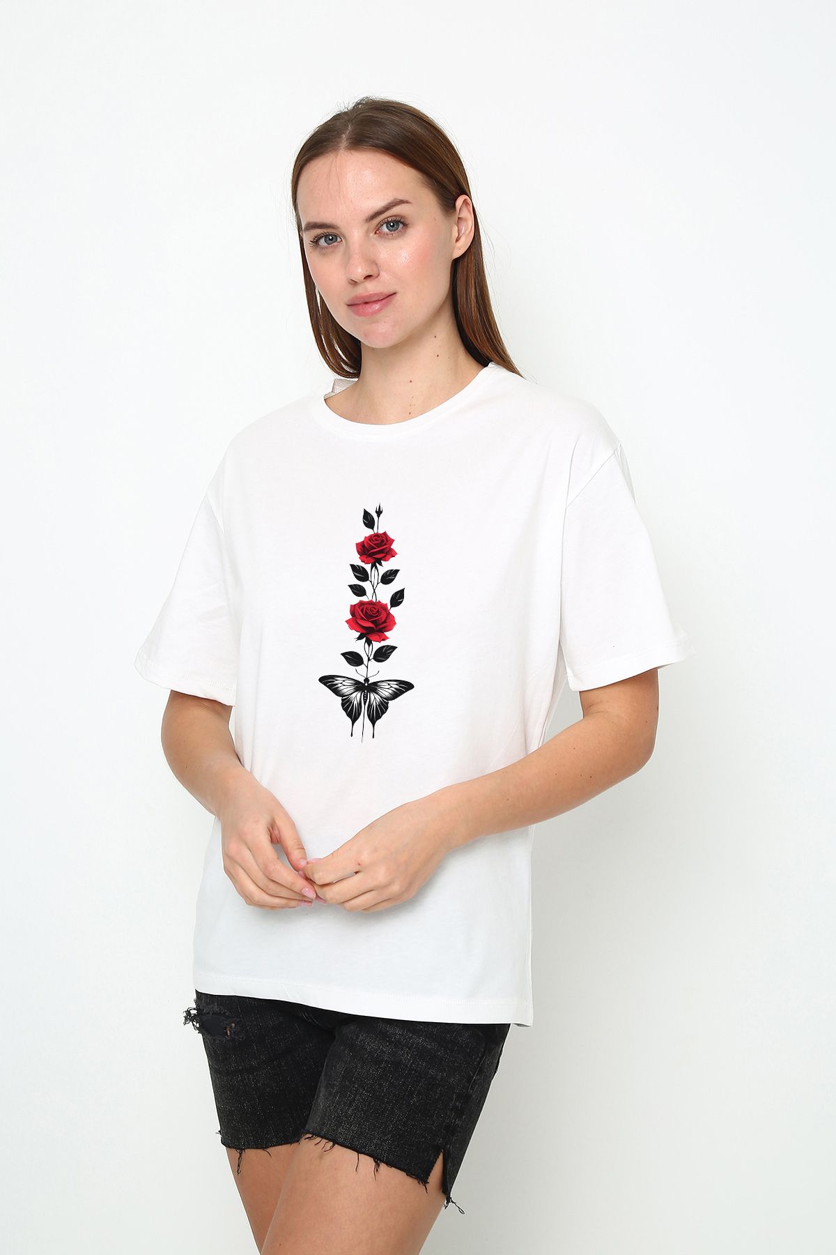 vikitekno oversize bisiklet yaka rose baskılı kadın t-shirt