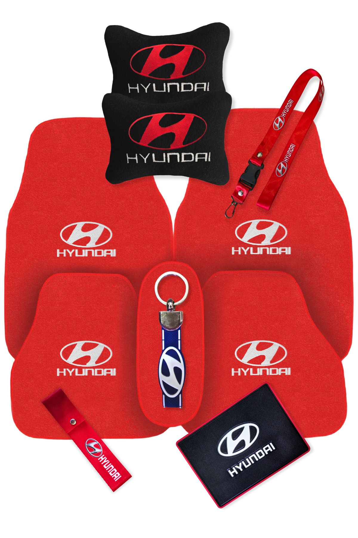 TUSBA MARKET Hyundai Nakışlı 5 Parça Kırmızı Oto Halı Paspas | Hyundai Siyah Polar Araç Yastık & Oto Aksesuar