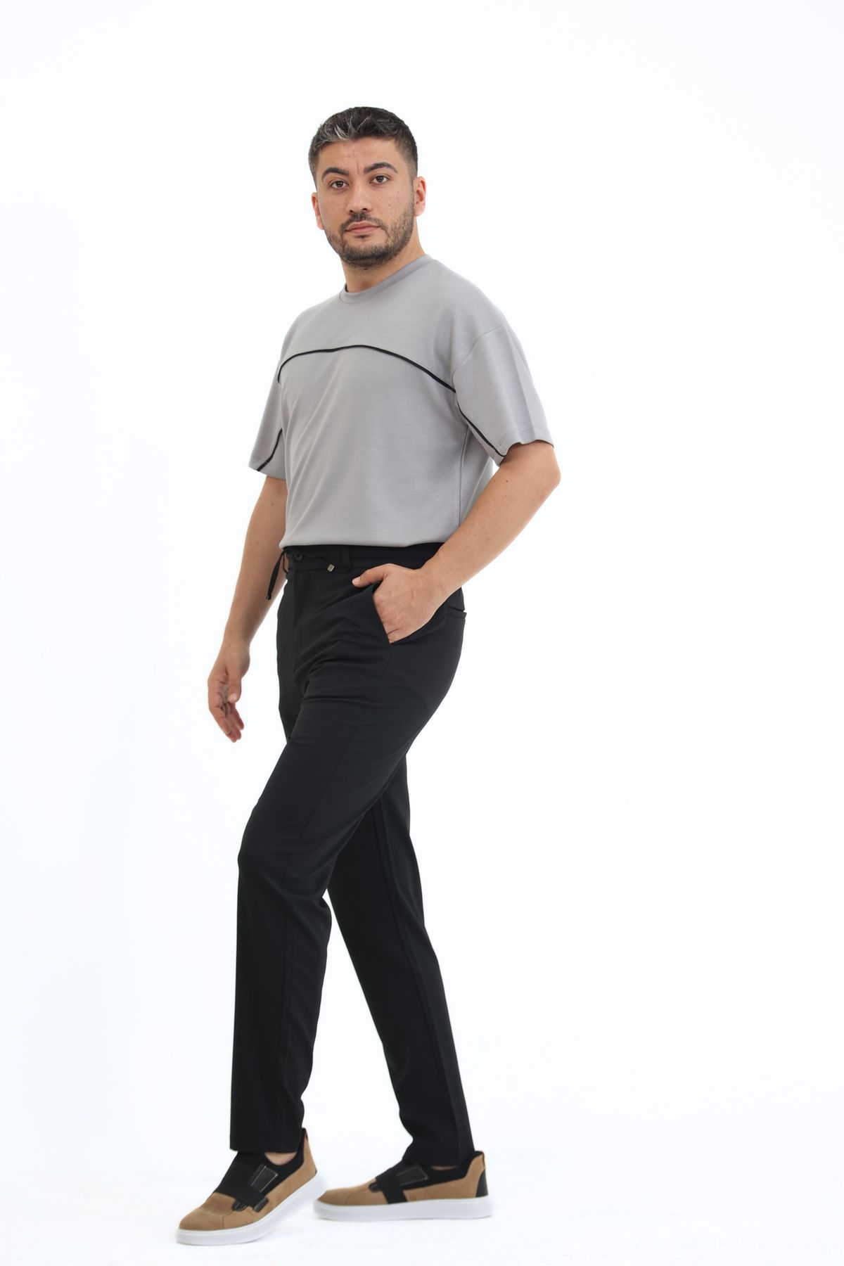 EXSPORT Erkek Yandan Cepli Beli Lastikli Bağcıklı Kemerli Relaxed Fit Rahat Kesim Coolkumaş Pantolon