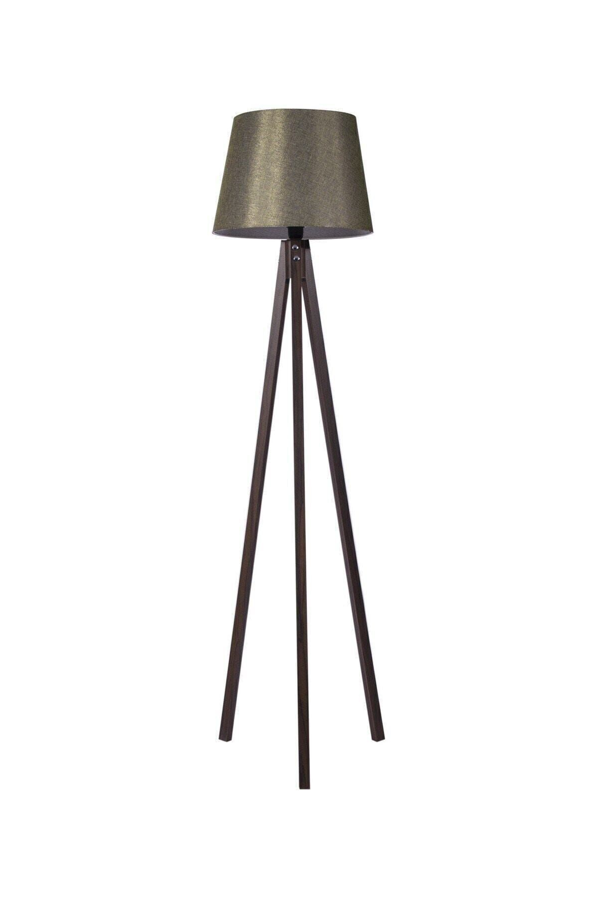 SerenityHaven Tripod Lamba Ahşap Abajur 3 Ayaklı Lambader Konik Koyu Yeşil Ceviz