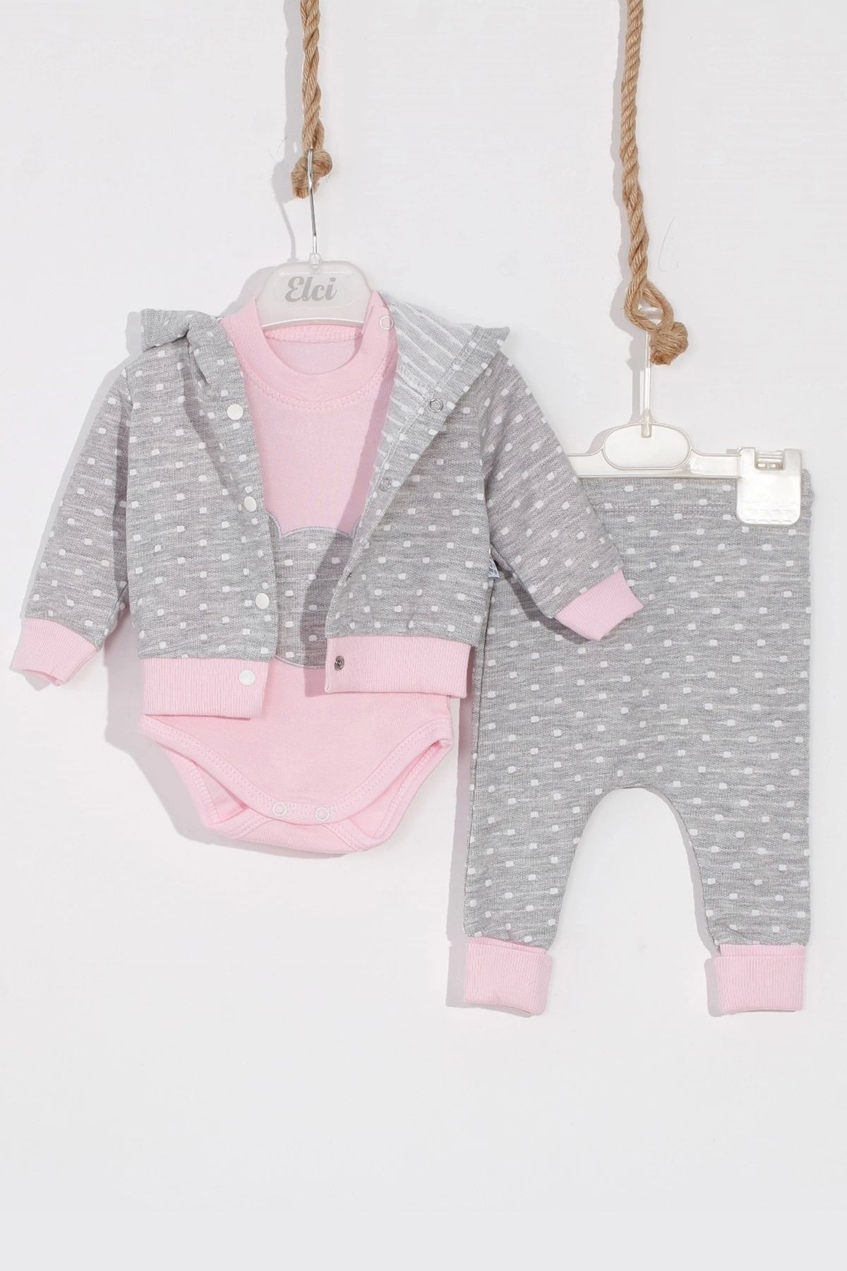 CNDR 3-6 Ay Kız Bebek Takımı Bear Nakışlı Puanlı 2'li Pembe