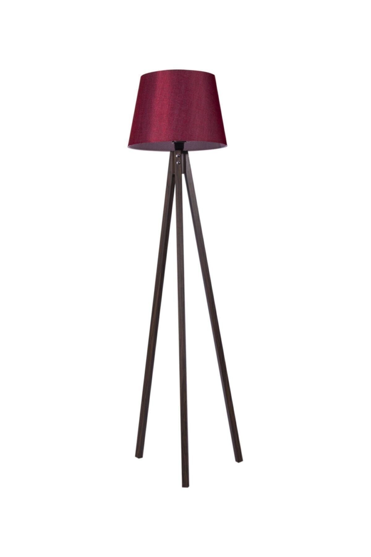 SerenityHaven Üç Ayaklı Lambader Tripod Abajur 3 Ayaklı Ahşap Lamba Konik Kumaş Bordo Ceviz