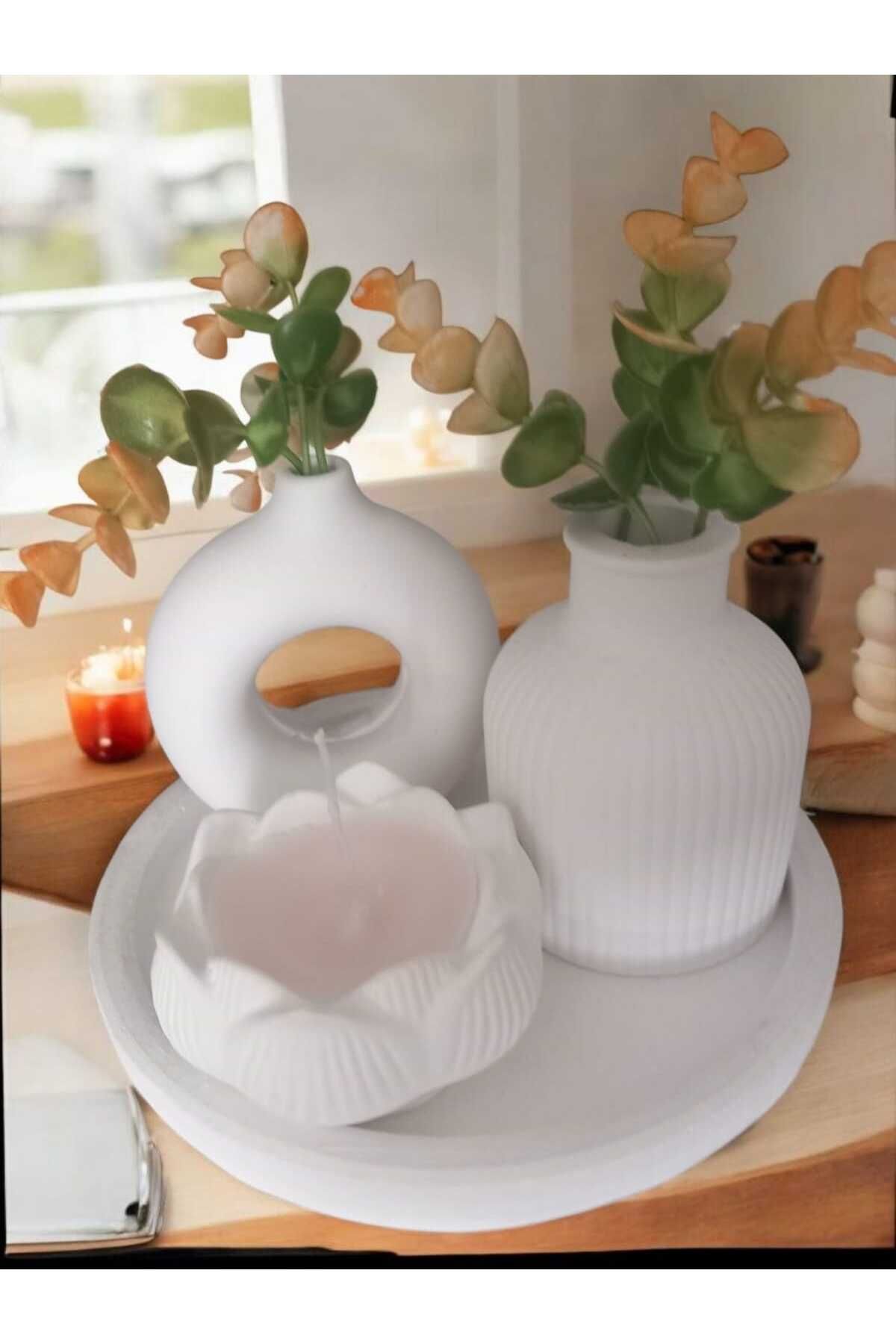AYŞEM 2li Vazo Set,Lotus Kokulu Mum,Yuvarlak Tepsi,4 Parça