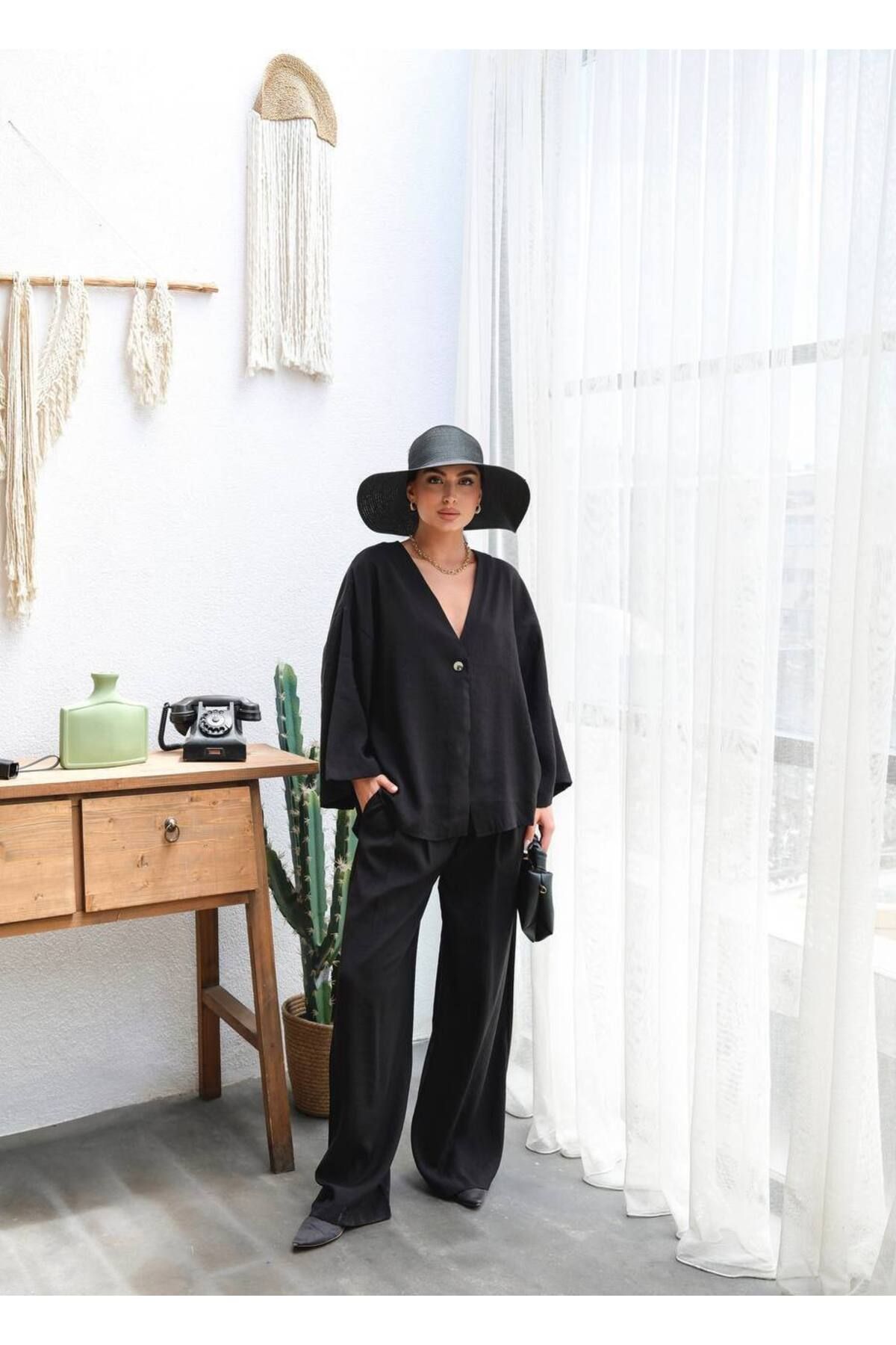 CELITA Oversize Tek Düğme Gömlek & Pantolon Kadın Takım