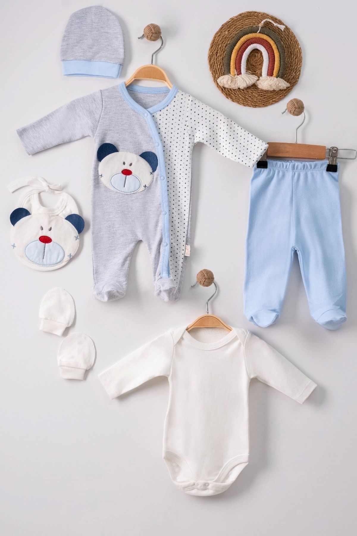 CNDR 3 Ay Ayıcıklı Tulumlu Erkek Bebek 5'li Set Mavi