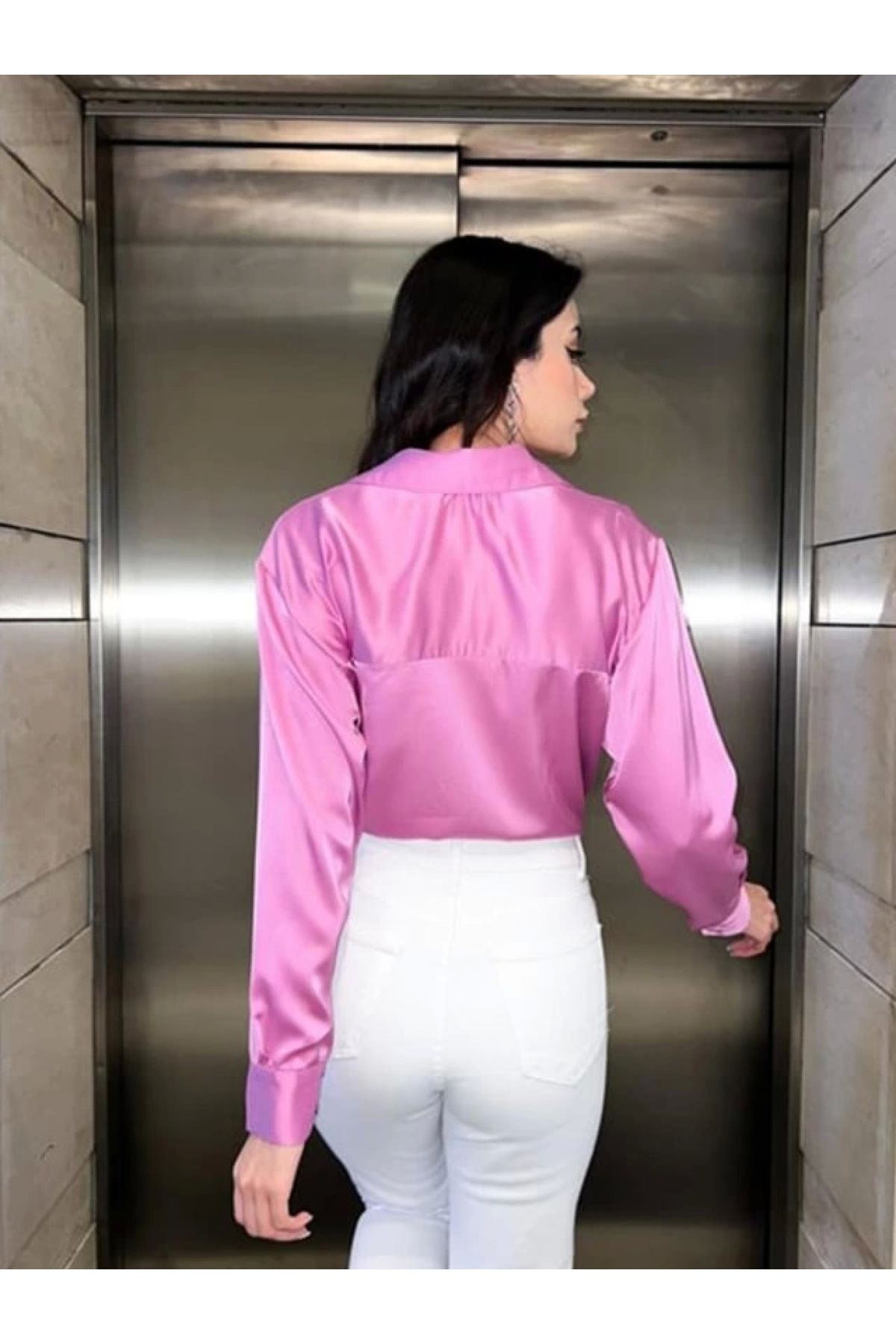POLEXP Şık Pembe Saten Bluz