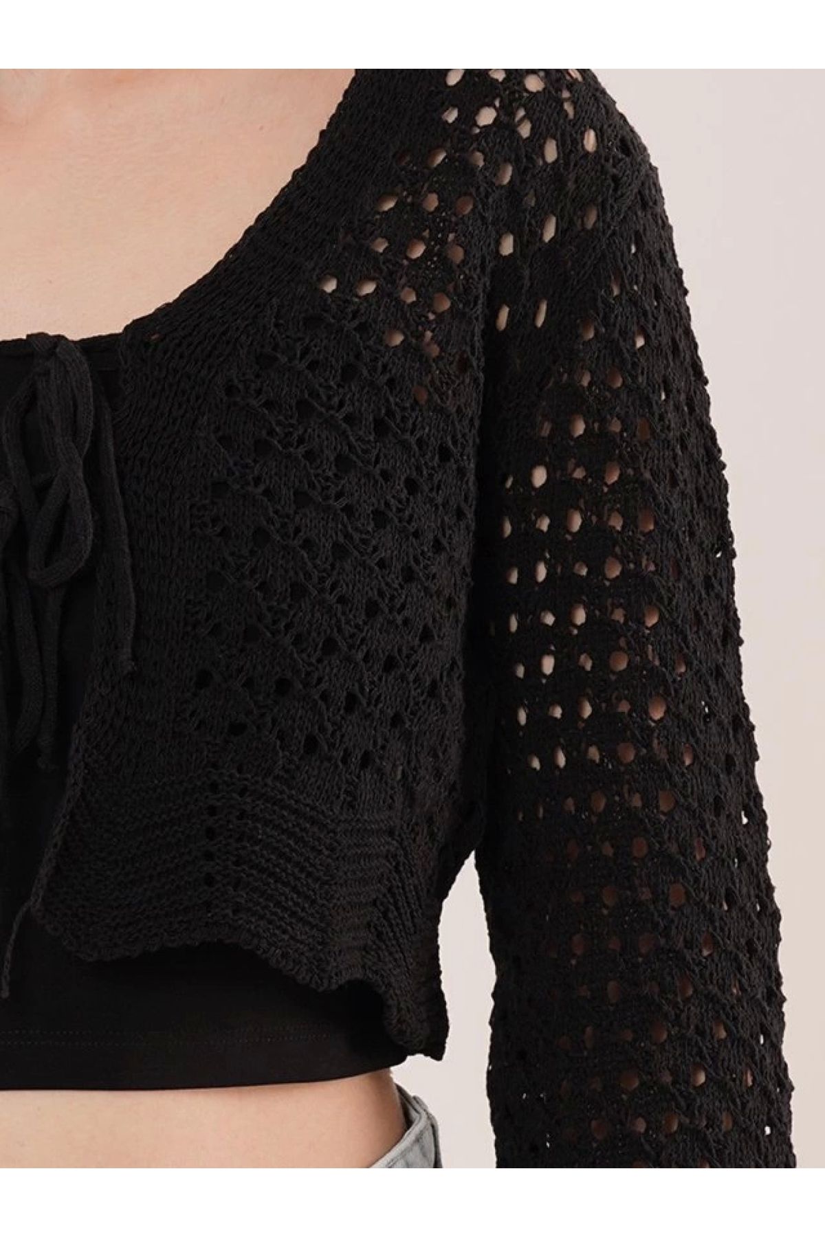 POLEXP Ajurlu Crop Siyah Hırka