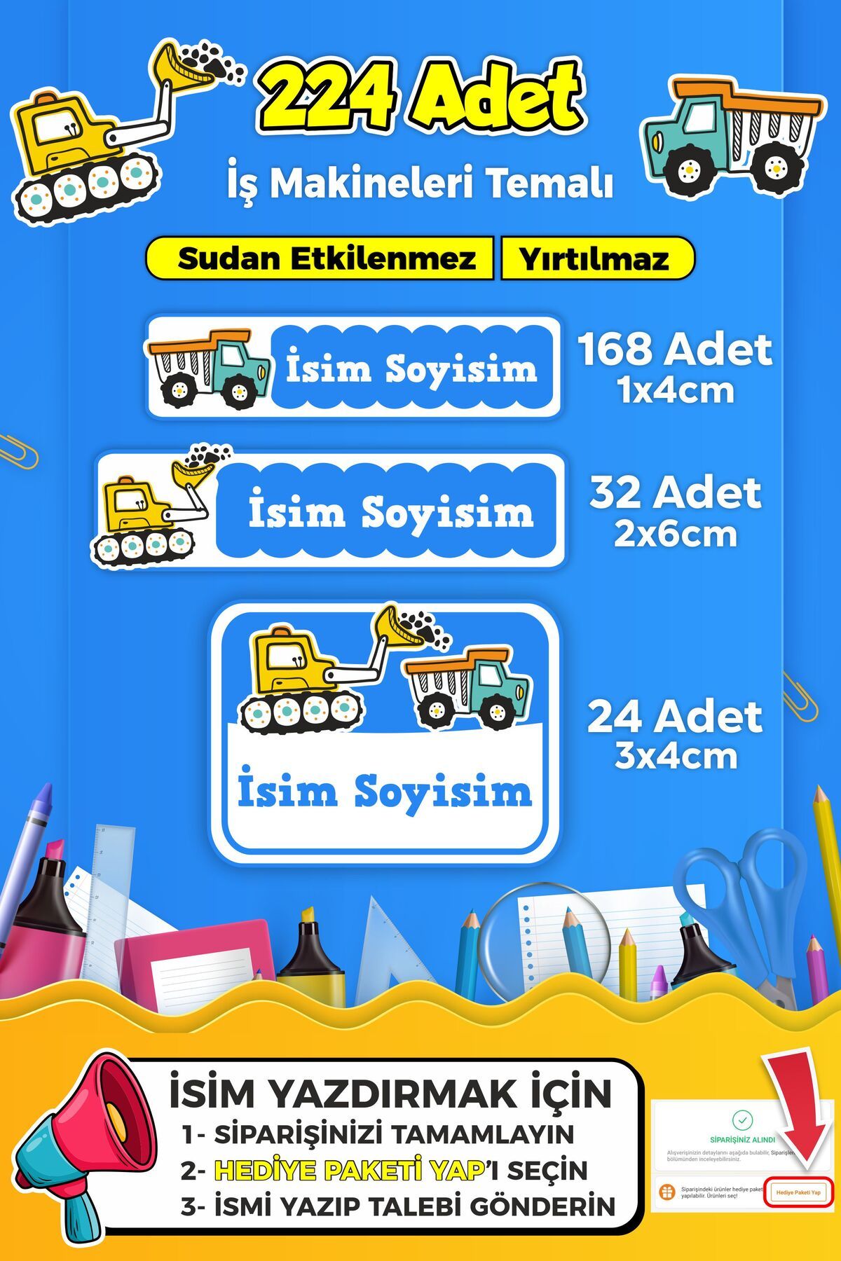 SB store İş Makineleri Temalı Okul Kreş Kişiye Özel İsim Etiket Seti - Model 251