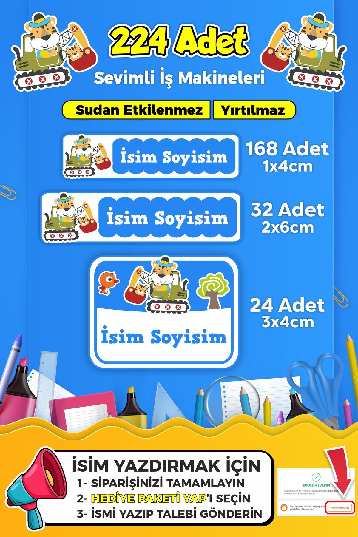 SB store İş Makineleri Temalı Okul Kreş Kişiye Özel İsim Etiket Seti - Model 255