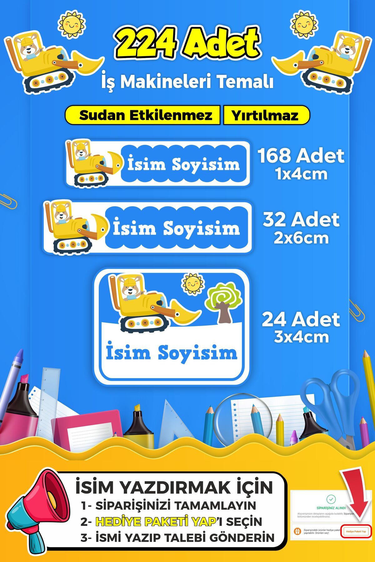 SB store İş Makineleri Temalı Okul Kreş Kişiye Özel İsim Etiket Seti - Model 252