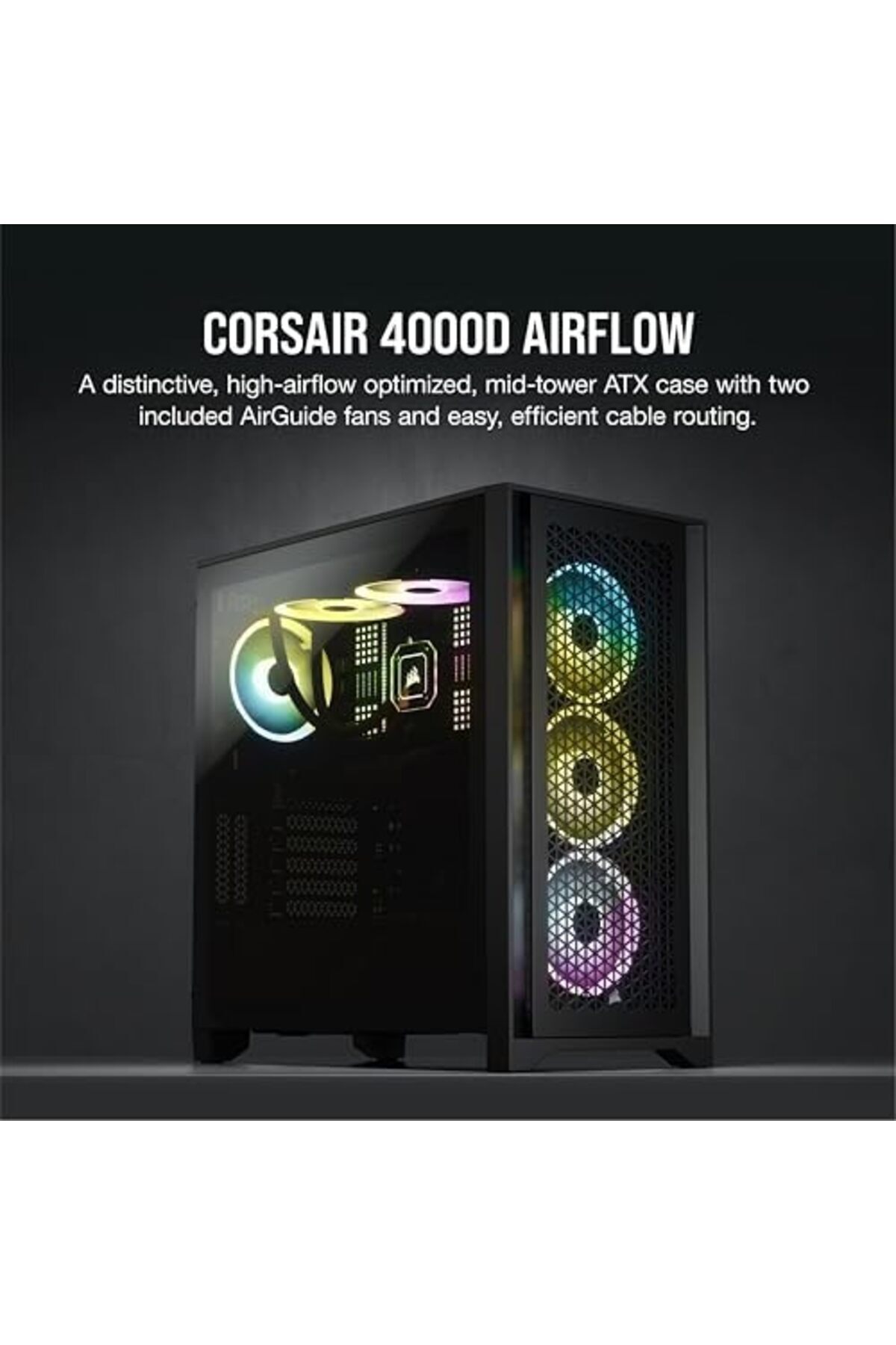 Corsair-علبة كمبيوتر Corsair 4000D Airflow متوسطة الحجم من الزجاج المقسّى، باللون الأسود 4