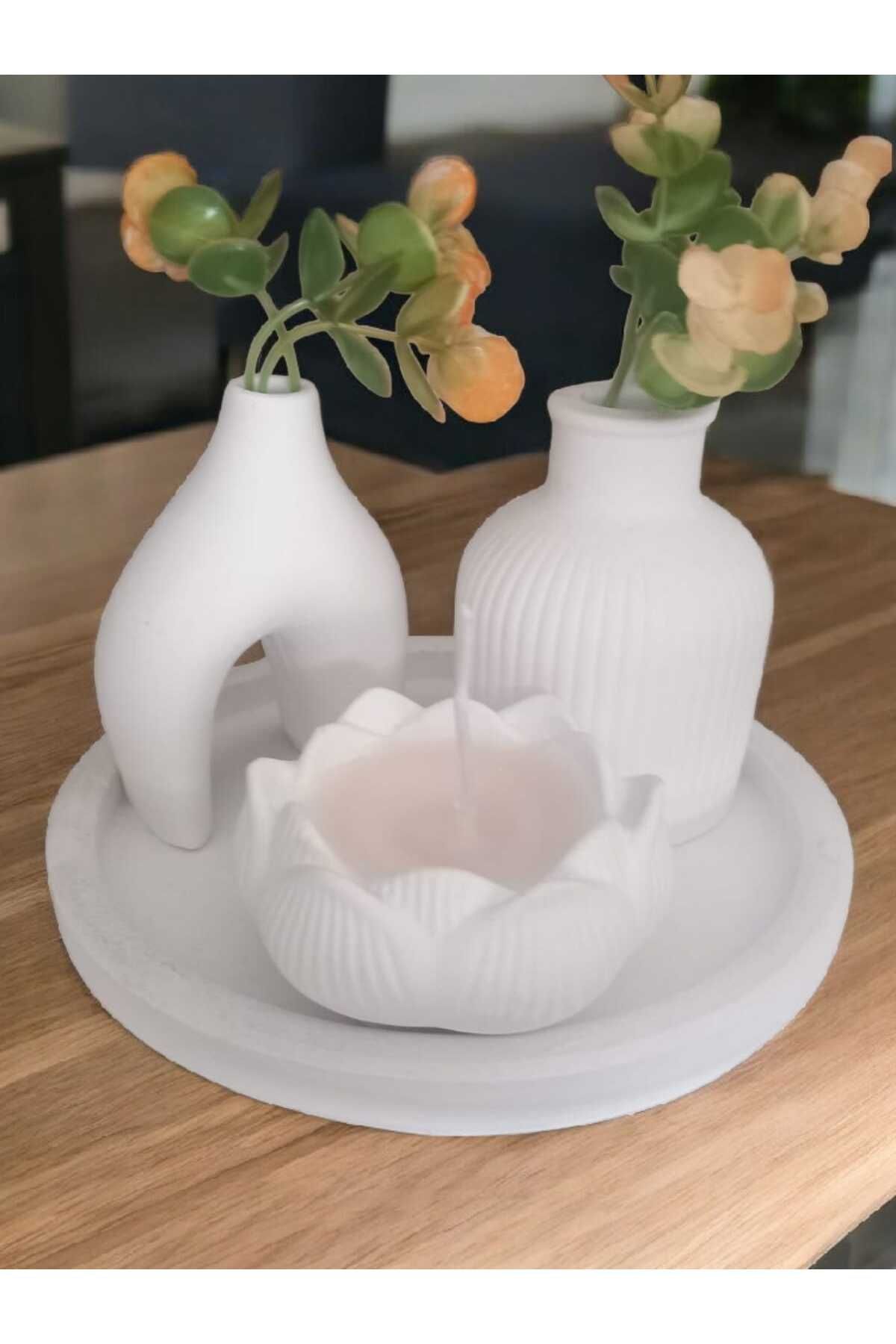 AYŞEM 2li Vazo Set,Lotus Kokulu Mum,Yuvarlak Tepsi,4 Parça