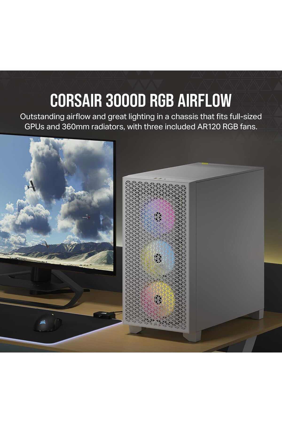 Corsair-Corsair Computer Case Airflow Mid Tower 3 AR120 RGB Fans, High Airflow Design, Supports GPU Three Sl 3