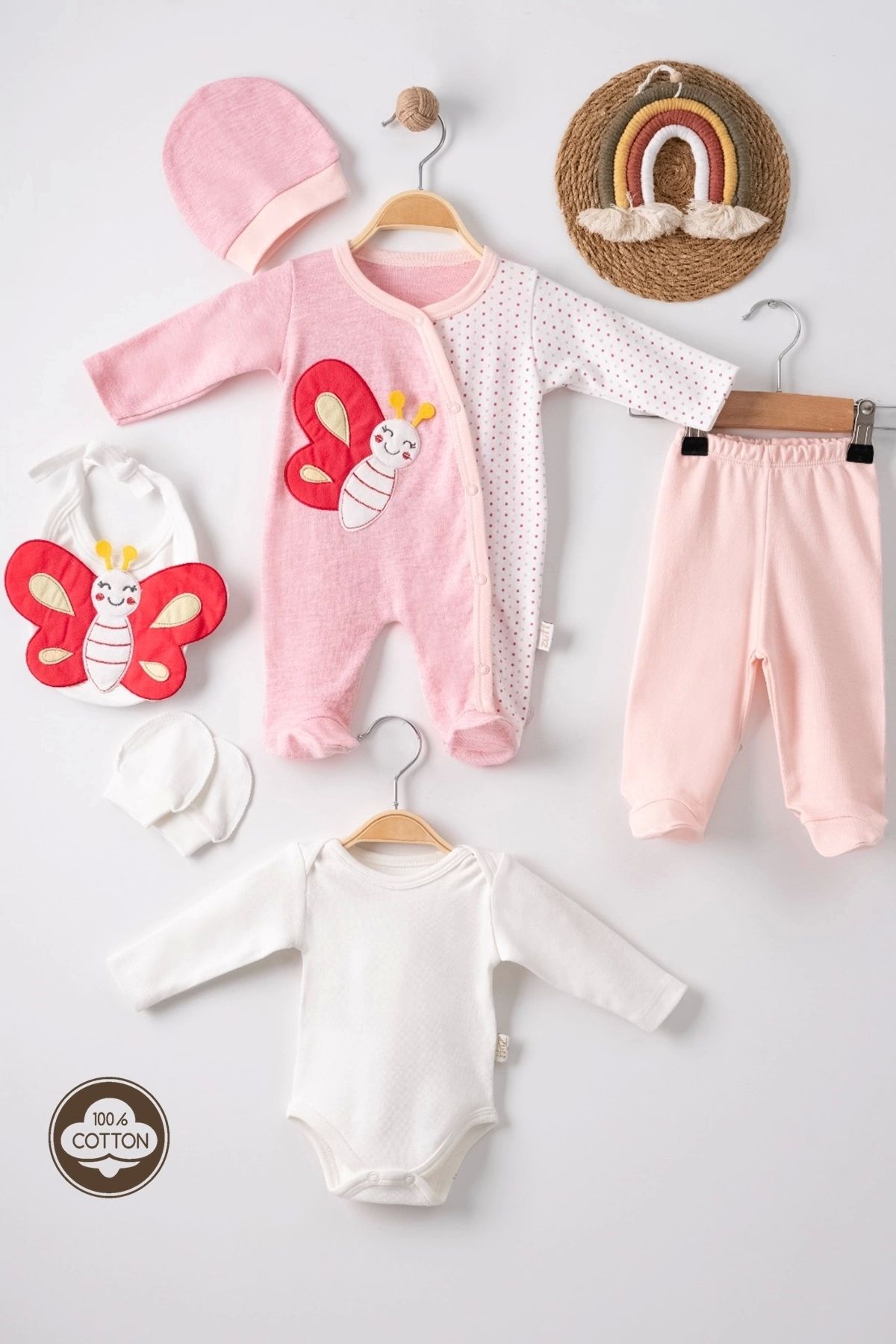 CNDR 3 Ay Kelebek Nakışlı Puanlı Tulumlu Kız Bebek 5'li Set Pembe