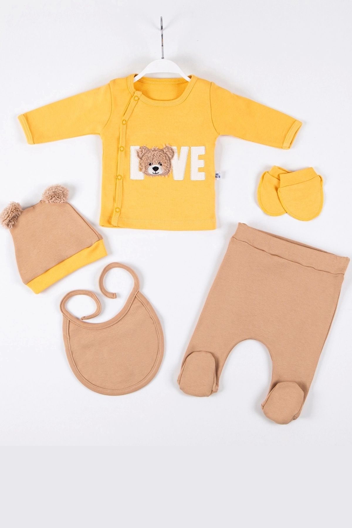 CNDR 3 Ay Bebek Hastane Çıkışı Love Bear Nakışlı 5'li Erkek Sarı