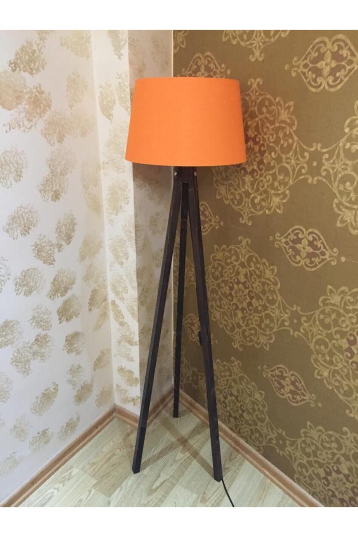 SerenityHaven 3 Ayaklı Tripod Lambader Ahşap Lamba Kumaş Konik Turuncu Ceviz
