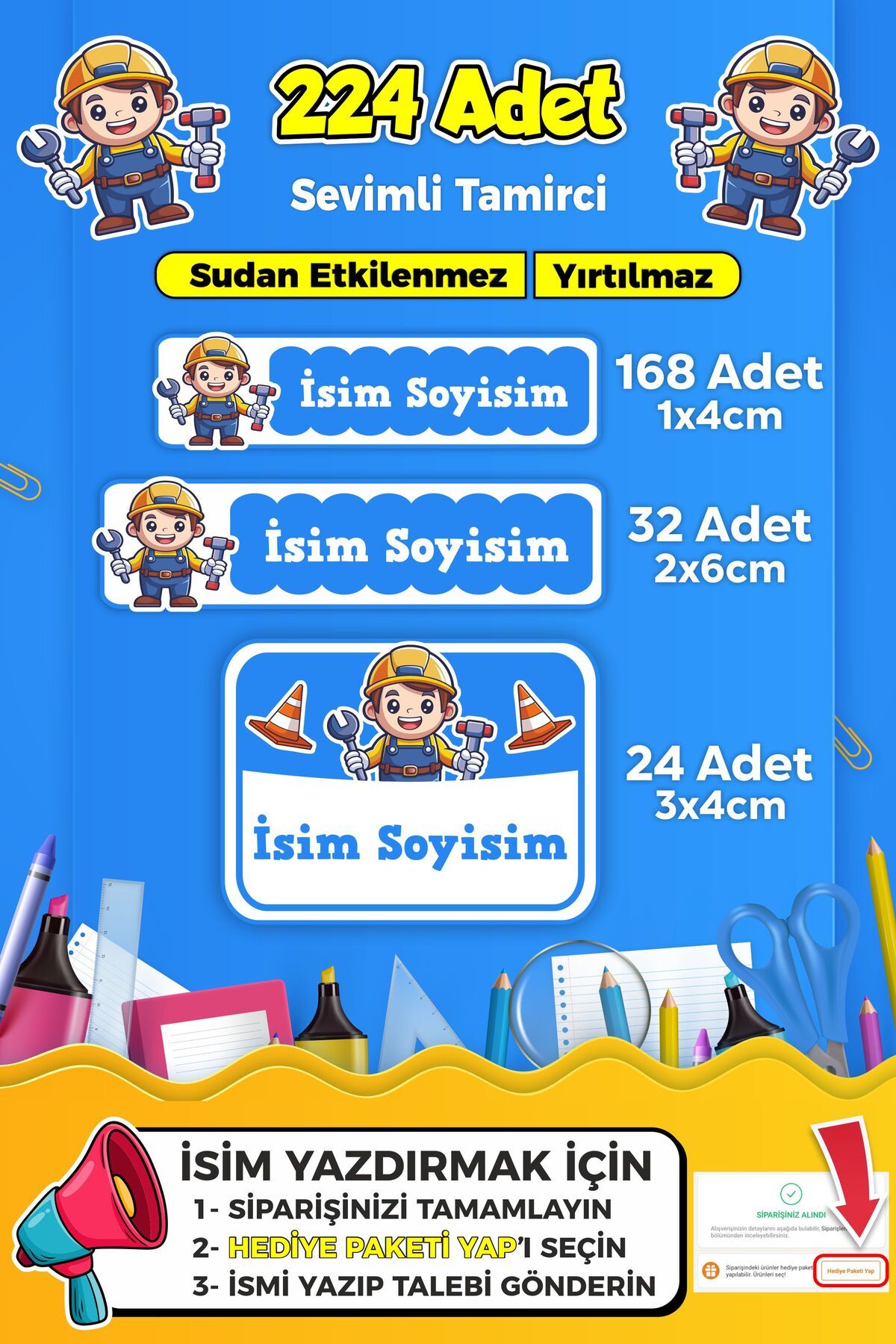 SB store Sevimli Tamirci Usta Temalı Okul Kreş Kişiye Özel İsim Etiket Seti - Model 253