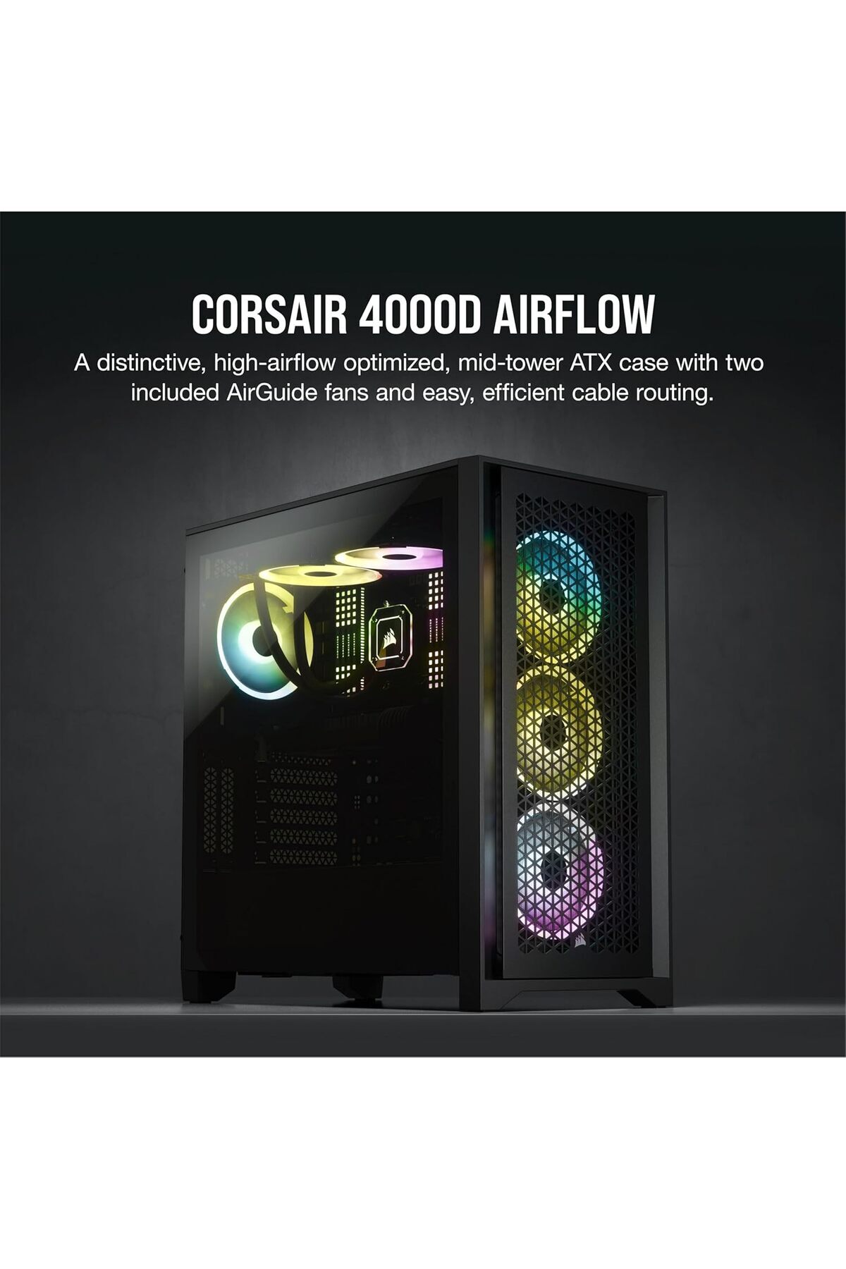 Corsair-علبة كمبيوتر Corsair 4000D Airflow متوسطة الحجم من الزجاج المقسّى، باللون الأسود 3