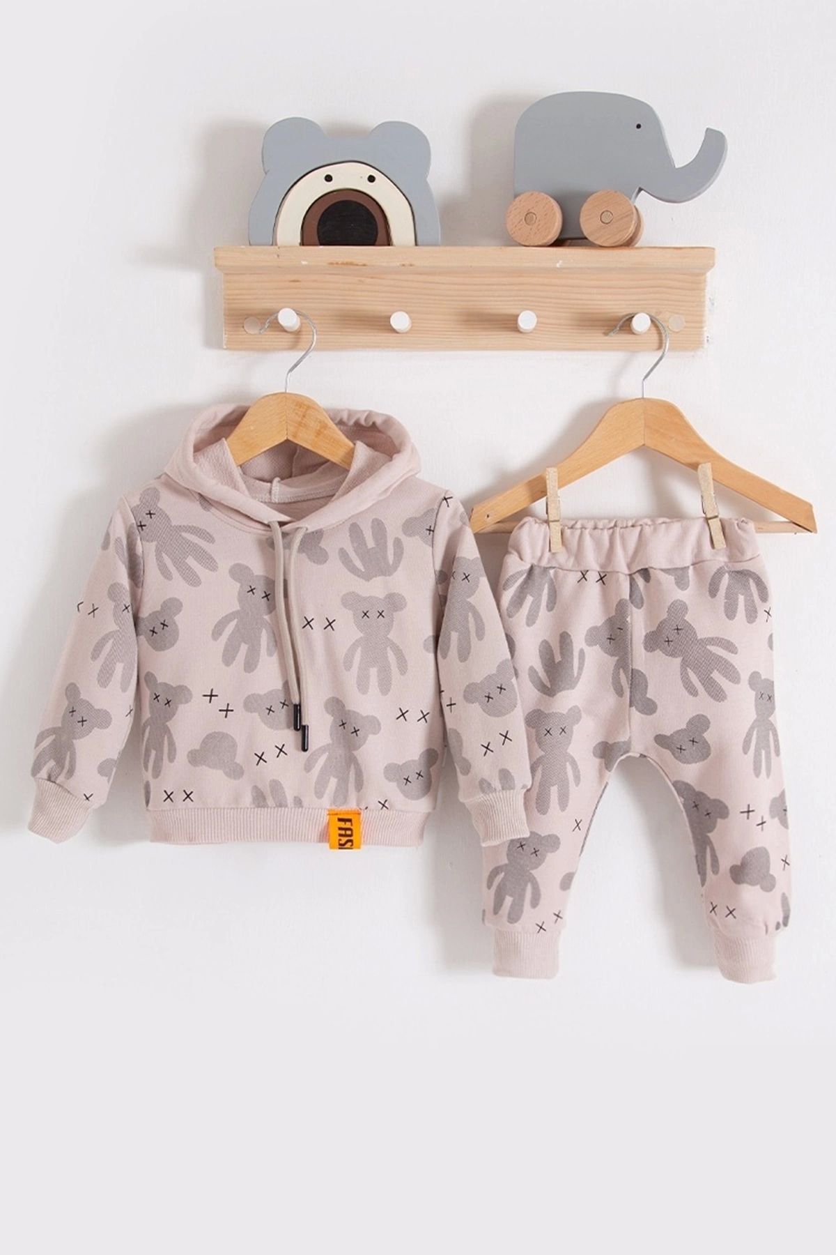 CNDR 3-18 Ay Erkek Bebek Takımı Cool Bear Kapüşonlu Krem