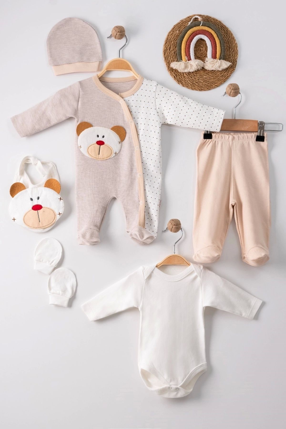 CNDR 3 Ay Ayıcık Nakışlı Tulumlu Erkek Bebek 5'li Set Kahverengi