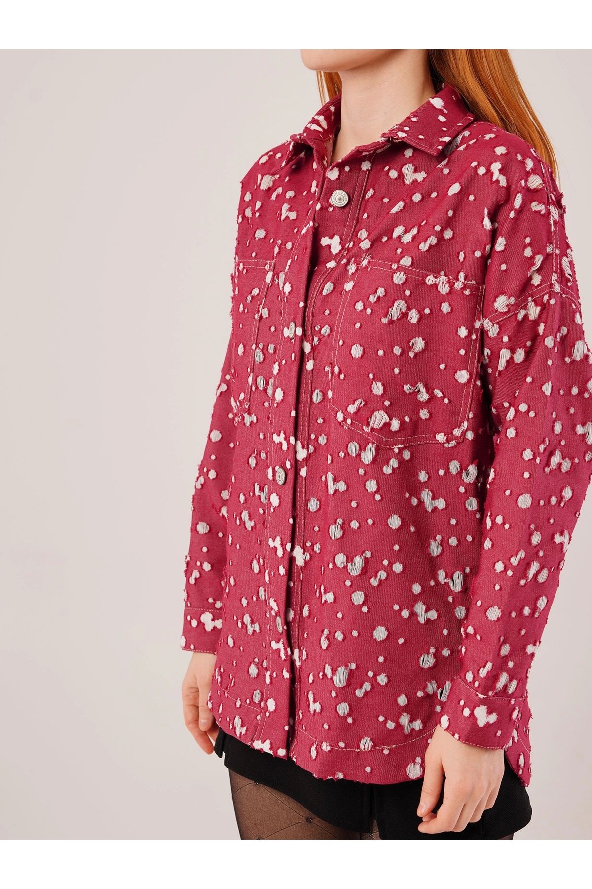 POLEXP Vintage Tarzı Bordo Denim Gömlek