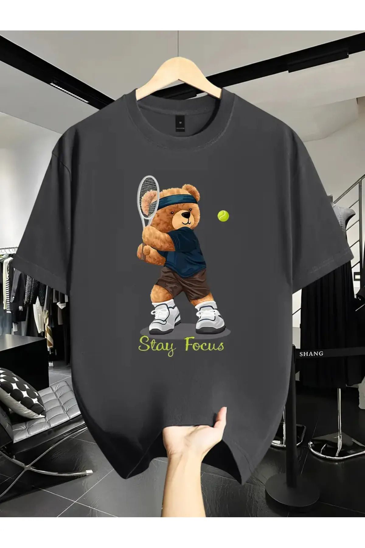 Koklonmoda Büyük Beden Unisex Tennis Bear Baskılı Oversize T-Shirt