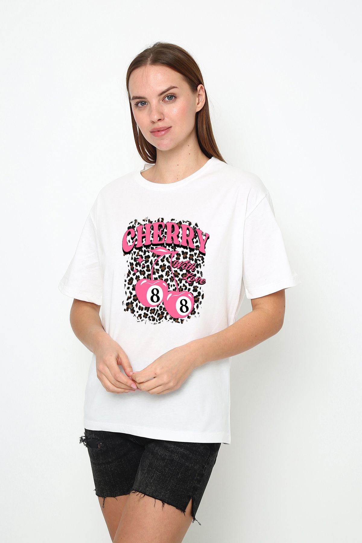 vikitekno oversize bisiklet yaka leopar kiraz baskılı tasarım kadın t-shirt