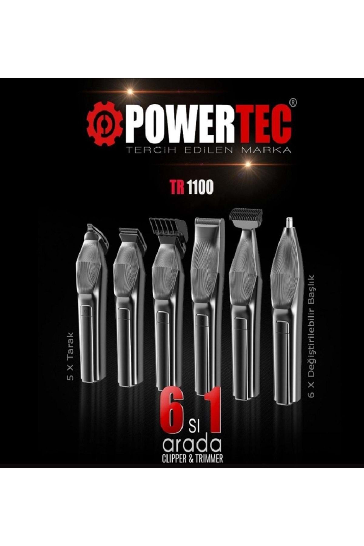 POWERTEC TR-1100 Profesyonel 6'lı Erkek Bakım Seti Saç Sakal Ense Vücut Kaş Burun Tıraş Makinesi