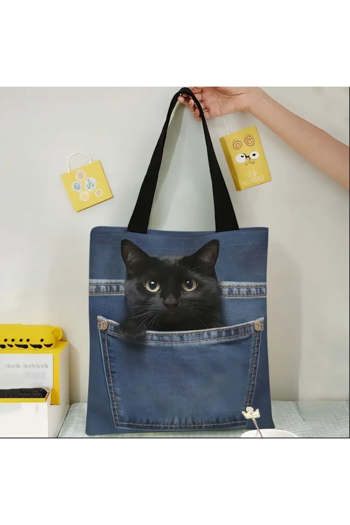 ORGANICYOU YIWU Küçük Siyah Kedi Desenli, Tekrar Kullanılabilir Şık Sırt Çantası