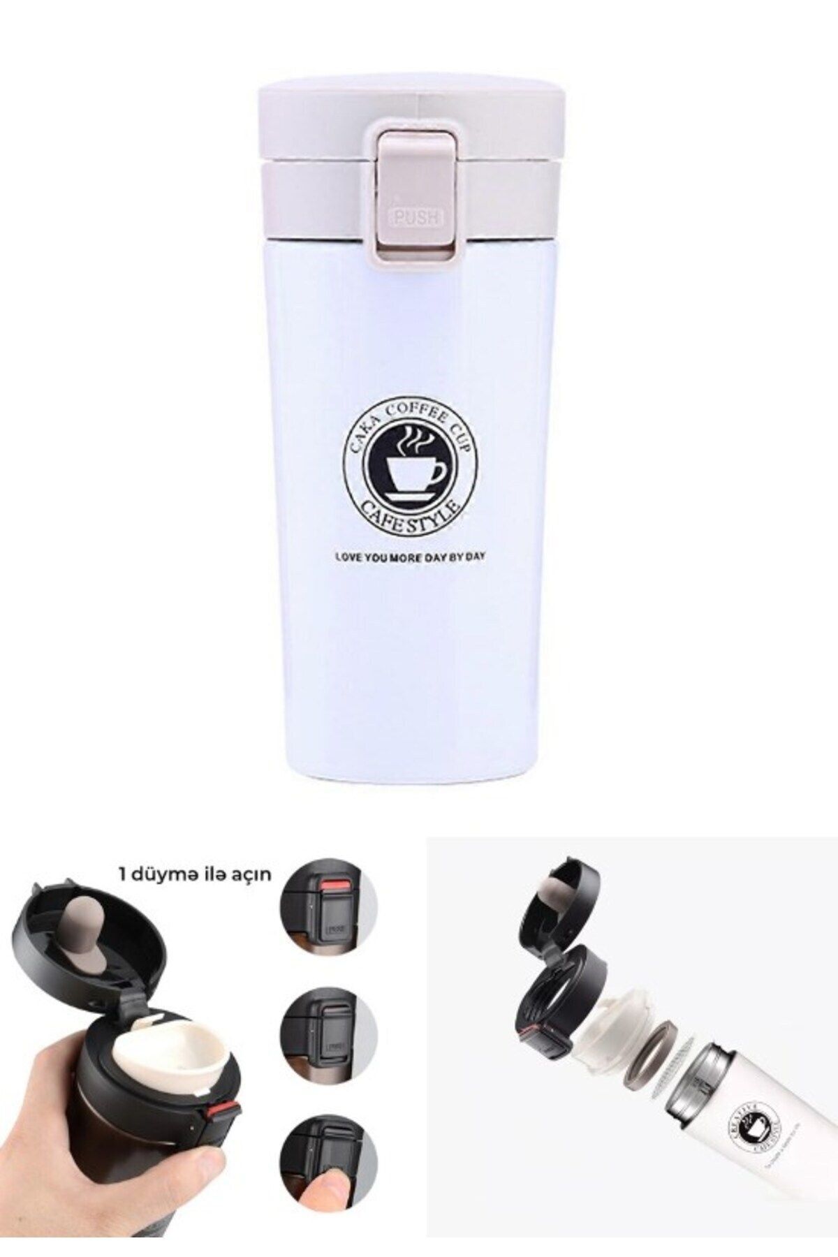 Kesene 12 Saate Kadar Sıcak Soğuk Tutma Filtreli Çift Katmanlı Beyaz Mug Termos 380 ML Kamp Termosu SUS 304