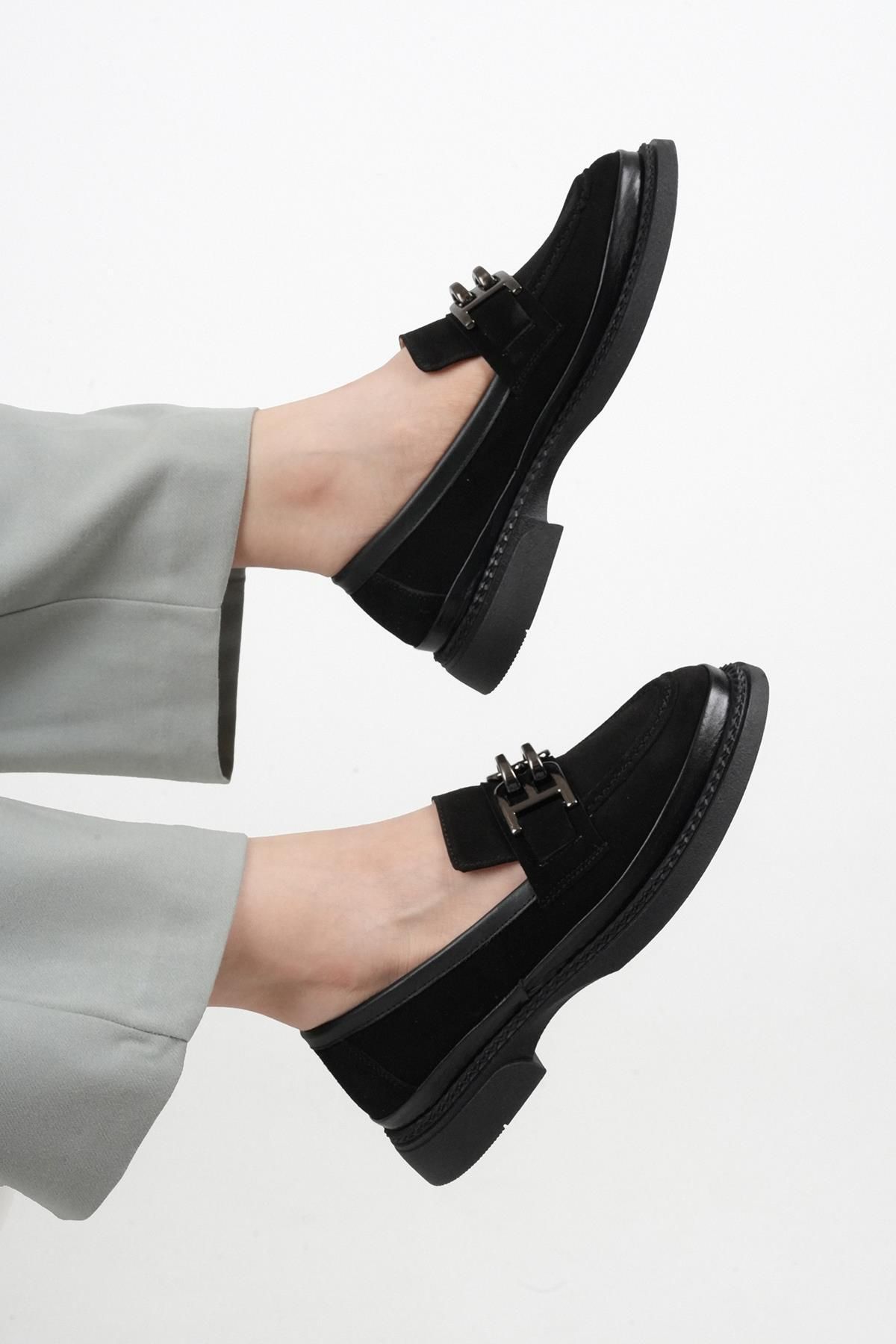Stilbagshoes ORA HAKİKİ DERİ SÜET İTHAL TOKA DETAYLI LOAFER KADIN AYAKKABI SİYAH