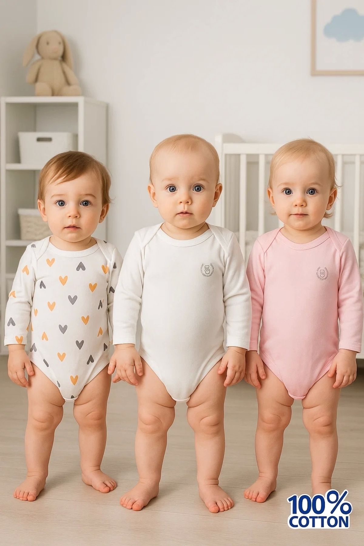 CNDR 3'lü Natural Bebek Kalpli Badi Zıbın - Beyaz Pembe