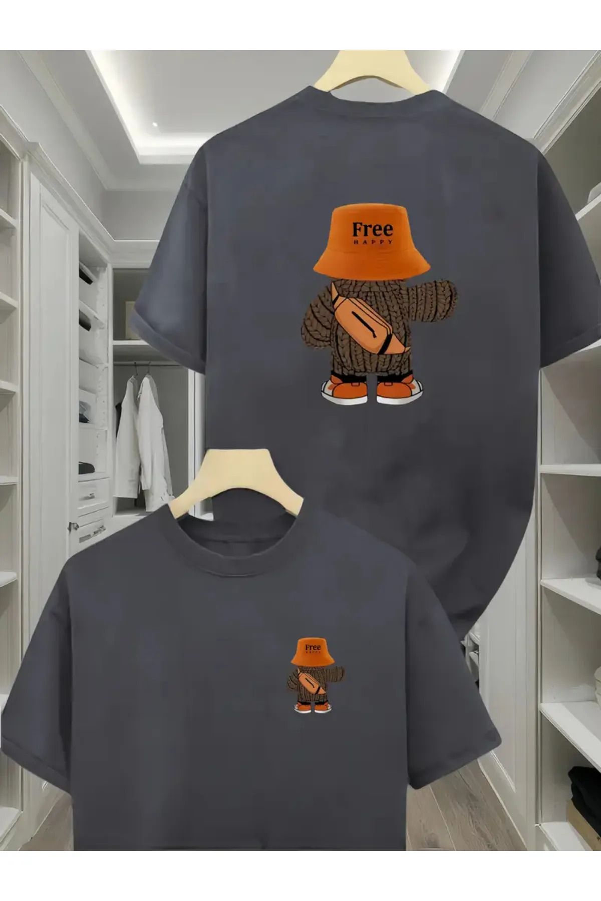 Koklonmoda Unisex Free Happy Baskılı Oversize T-Shirt