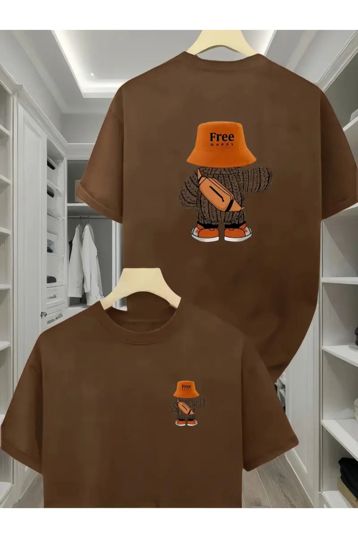 Koklonmoda Büyük Beden Unisex Free Happy Baskılı Oversize T-Shirt