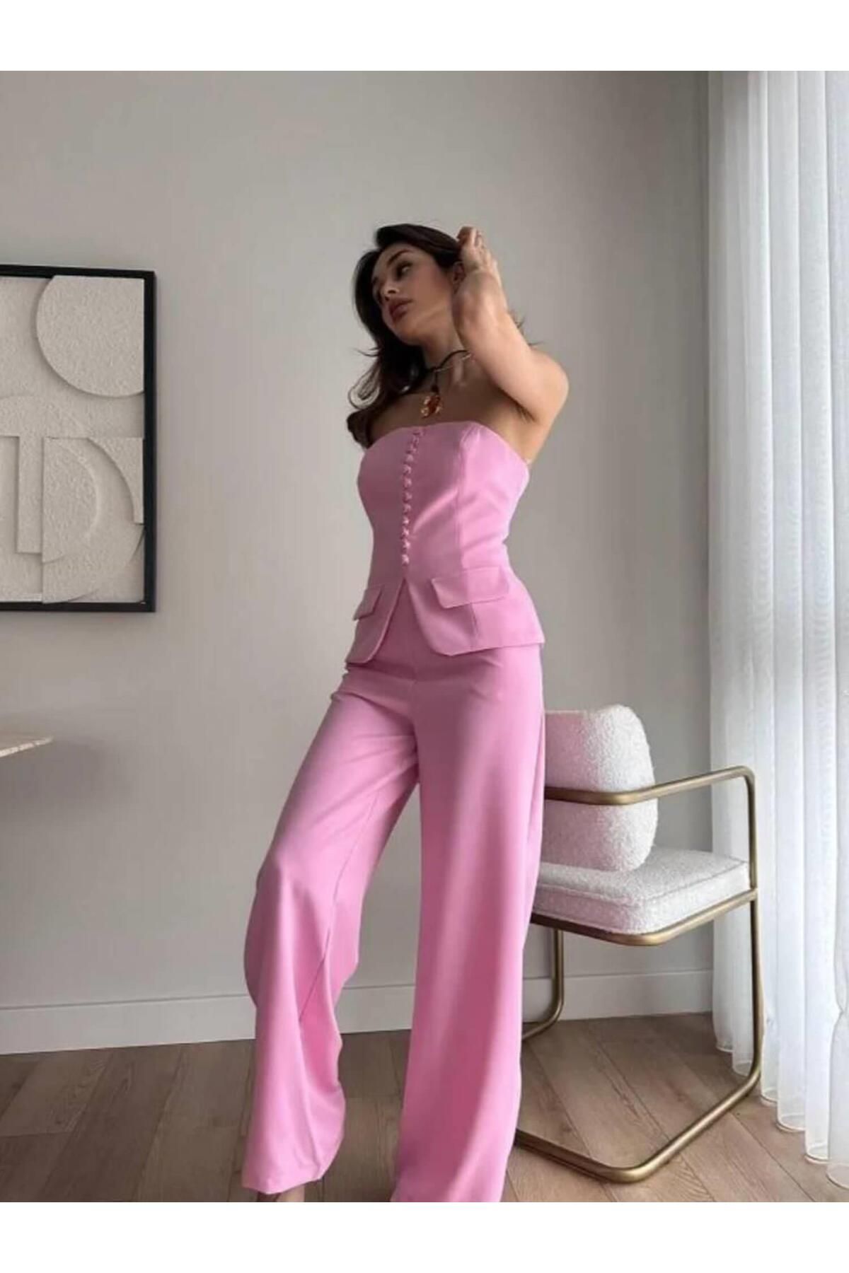 Coral Sırtı Fermuarlı Straplez Bluz Pantolon Takım Pembe
