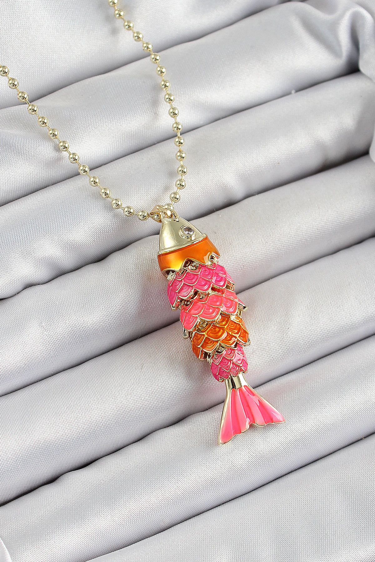 callerrons accessories Pirinç Pembe Ve Turuncu Balık Model Zirkon Taşlı Gold Renk Kadın Kolye - EBJ250605W34511