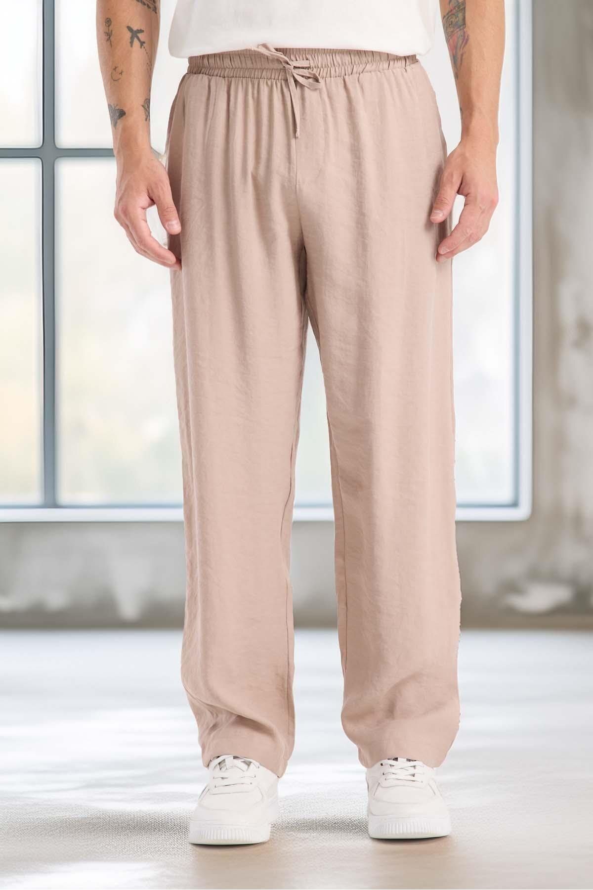 Valiberta Modal Kumaş Rahat Kalıp Düz Paça Jogger Erkek Pantolon - Bej