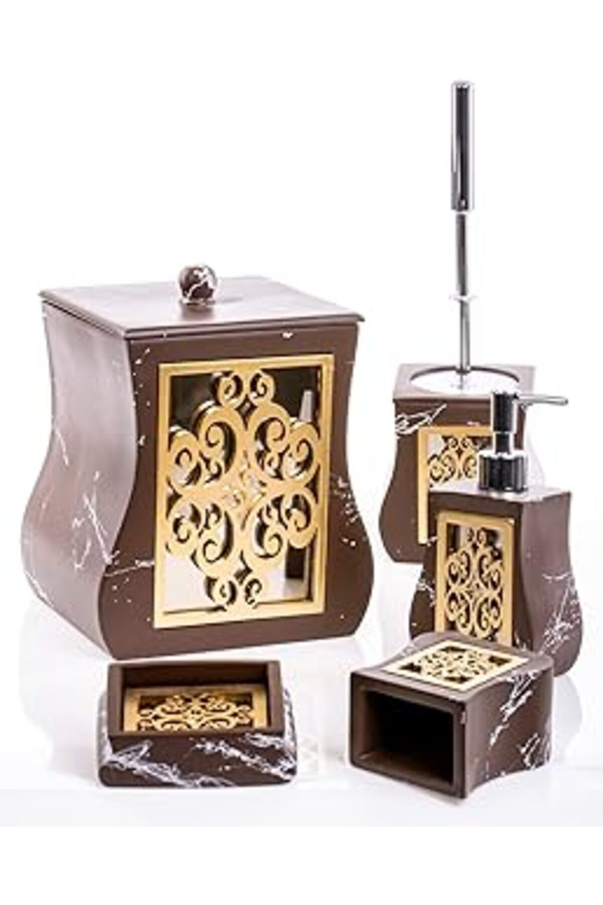 Mu Art Ahşap Mukko Home Motif Kahverengi 5 Parça Lüks Banyo Seti
