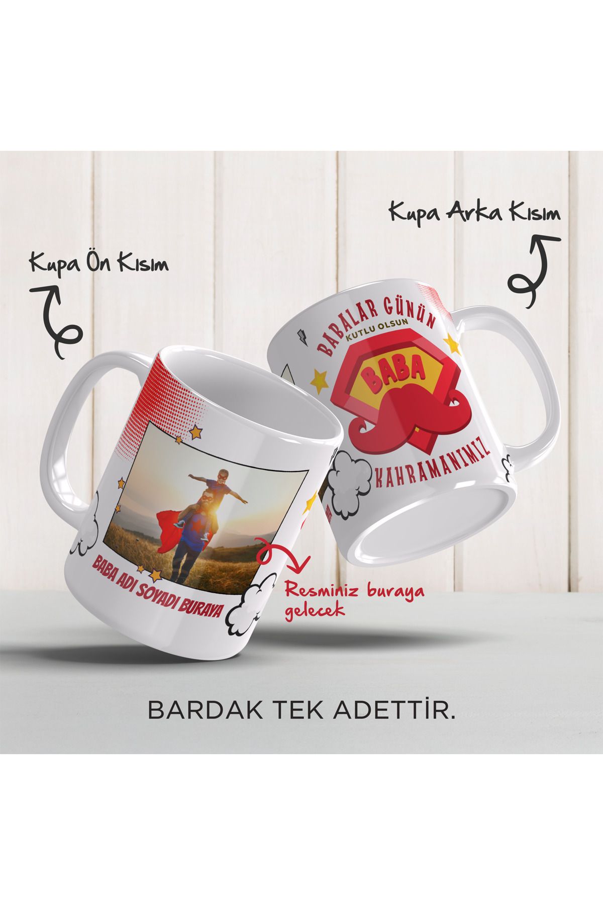 YELKOVAN TASARIM Babalar Gününe Özel Kişiselleştirilmiş Süper Kahraman Temalı Beyaz Porselen Kupa Bardak