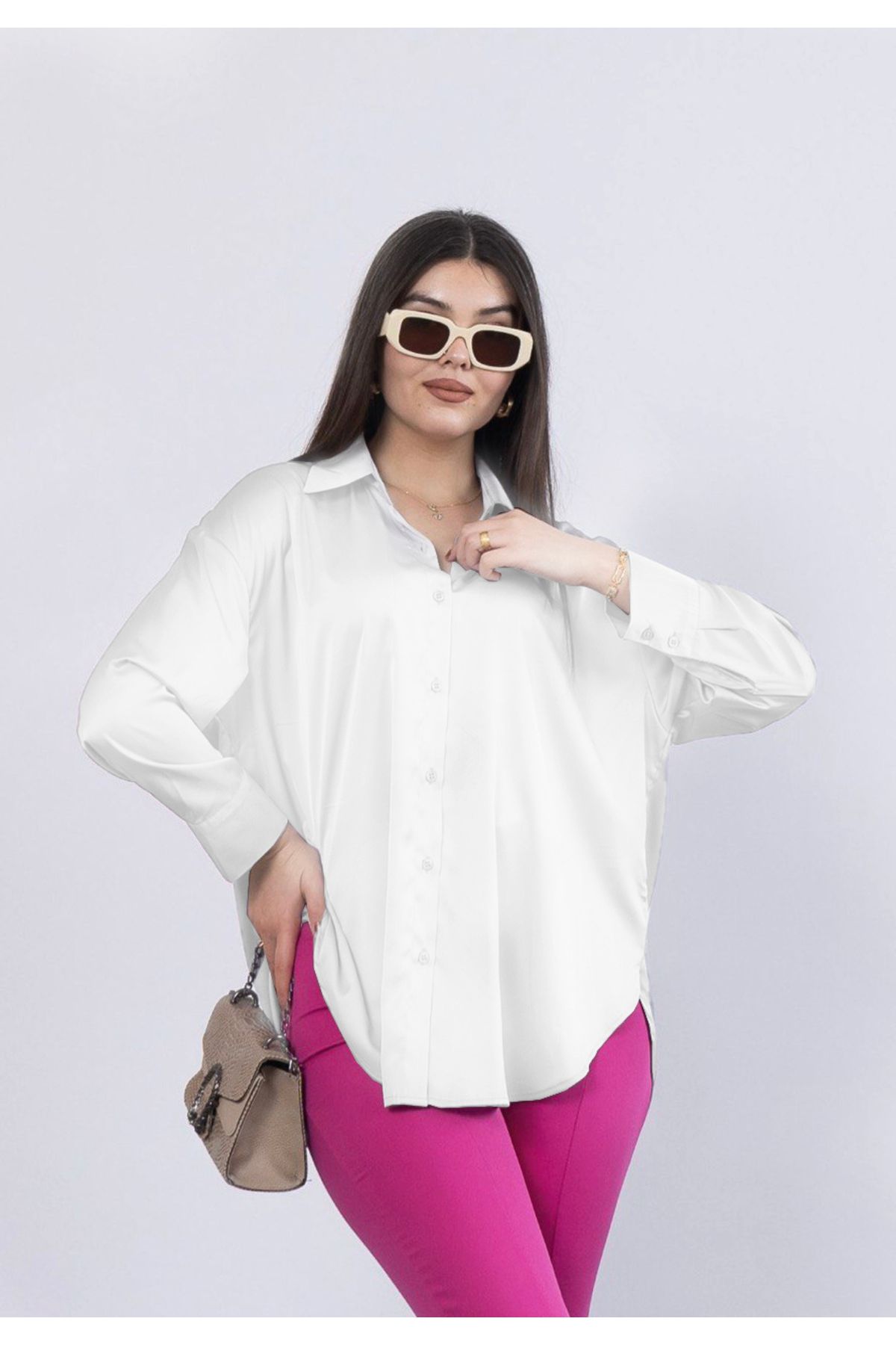 Yare Kadın Gri Saten Oversize Gömlek