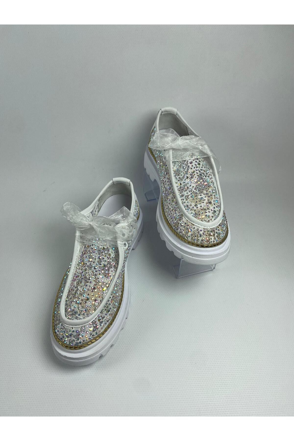 DİVA Kadın Taş Detaylı Organze Kurdeleli Platform Ayakkabısı Işıltılı Sneaker