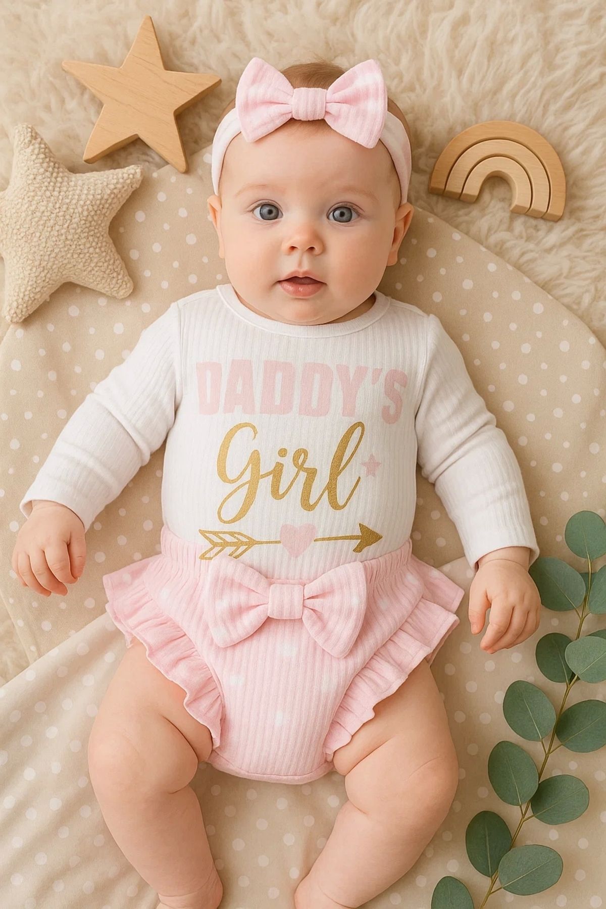 CNDR 3-6 Ay Kız Bebek Alt&Üst Takımı Daddy's Girl Bandanalı Pembe