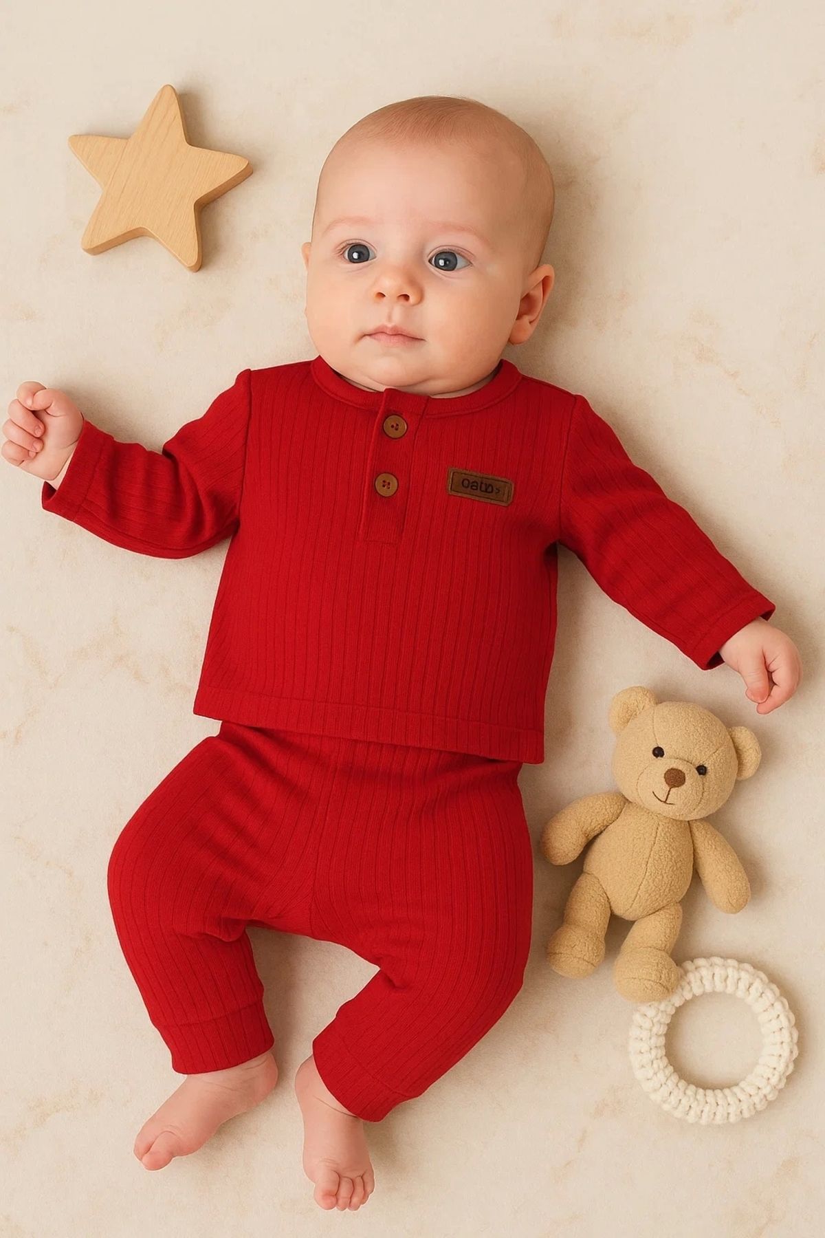 CNDR 3-18 Ay Çizgili Kumaş 2'li Unisex Takımı Kırmızı