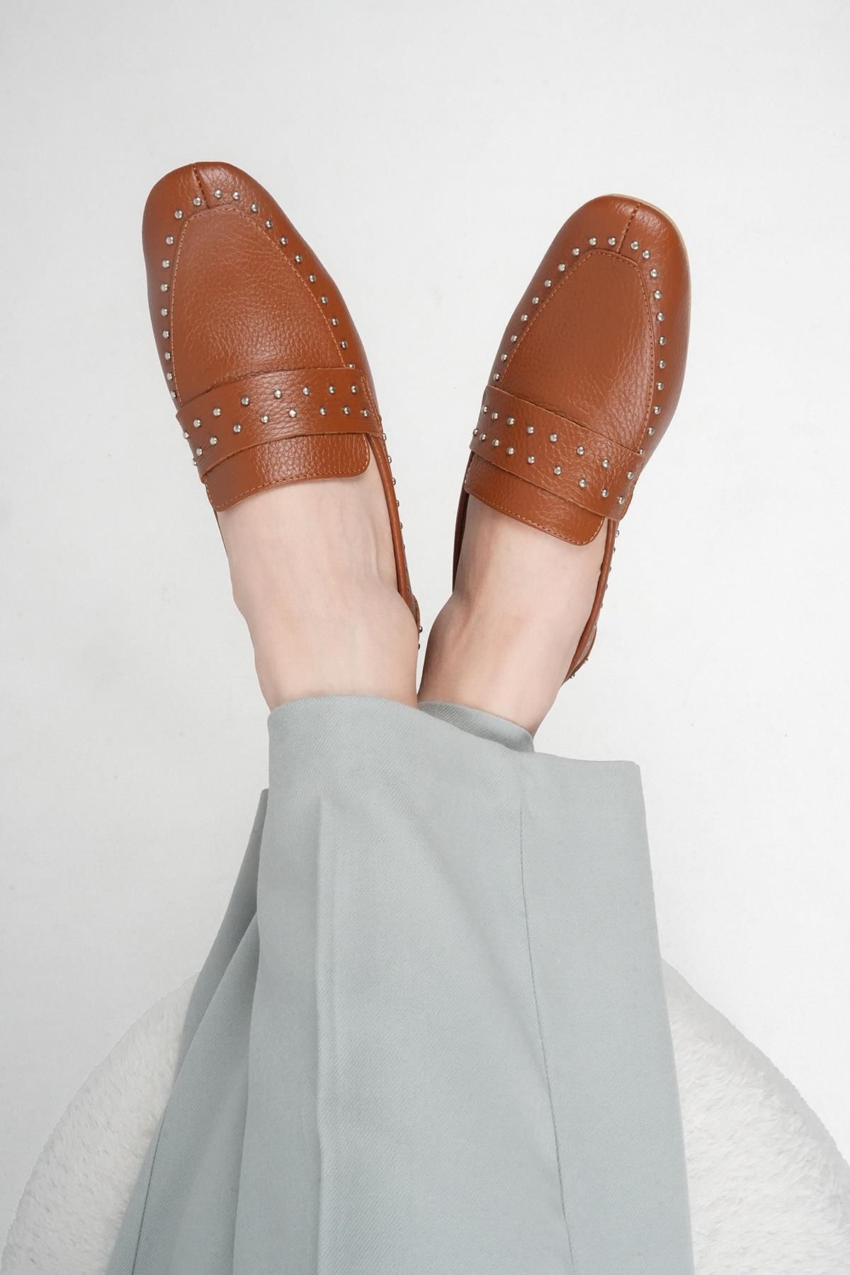 Stilbagshoes SABİNA PİM TROK DETAYLI HAKİKİ DERİ KADIN BABET TABA