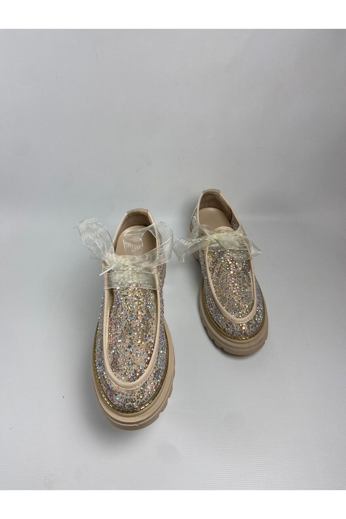 DİVA Kadın Taş Detaylı Organze Kurdeleli Platform Ayakkabısı Işıltılı Sneaker