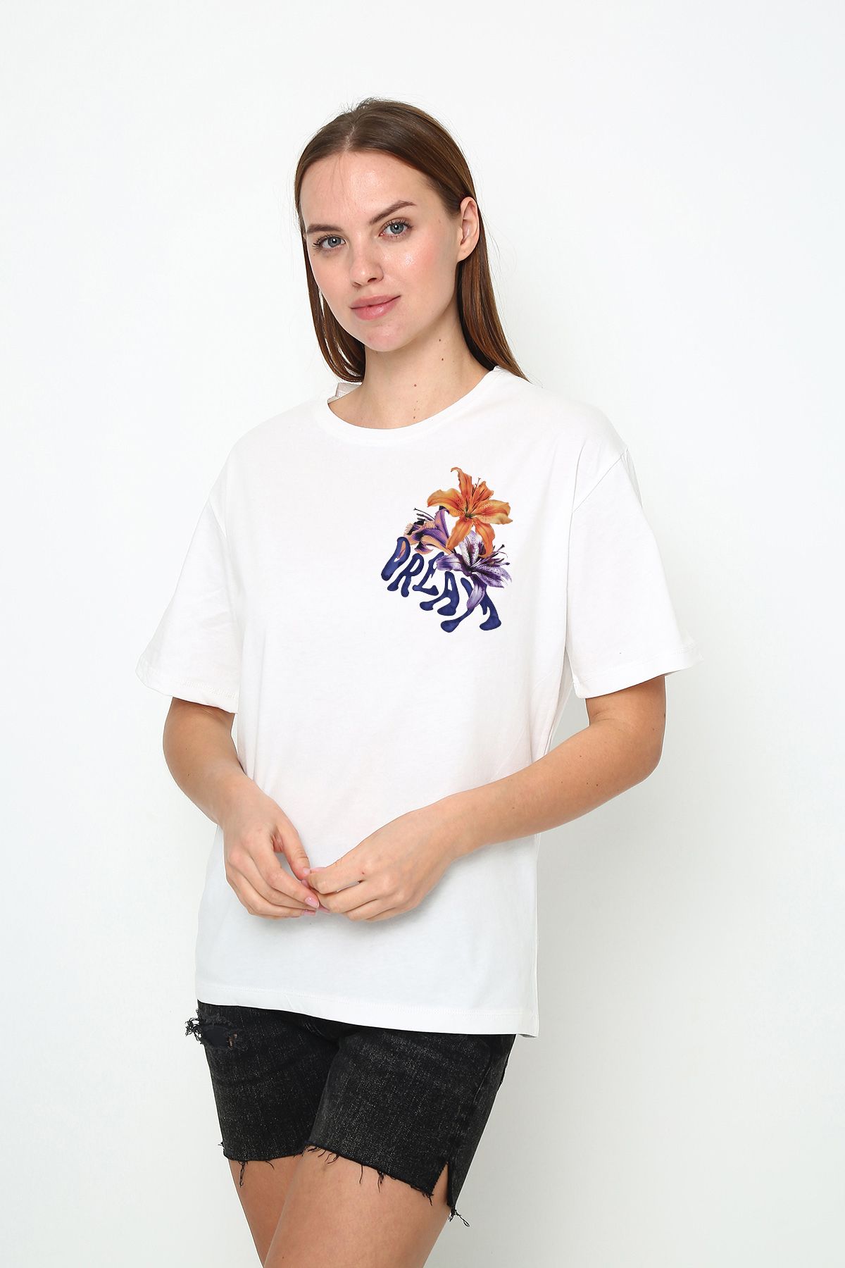 vikitekno oversize bisiklet yaka dream hibiscus baskılı tasarım kadın t-shirt