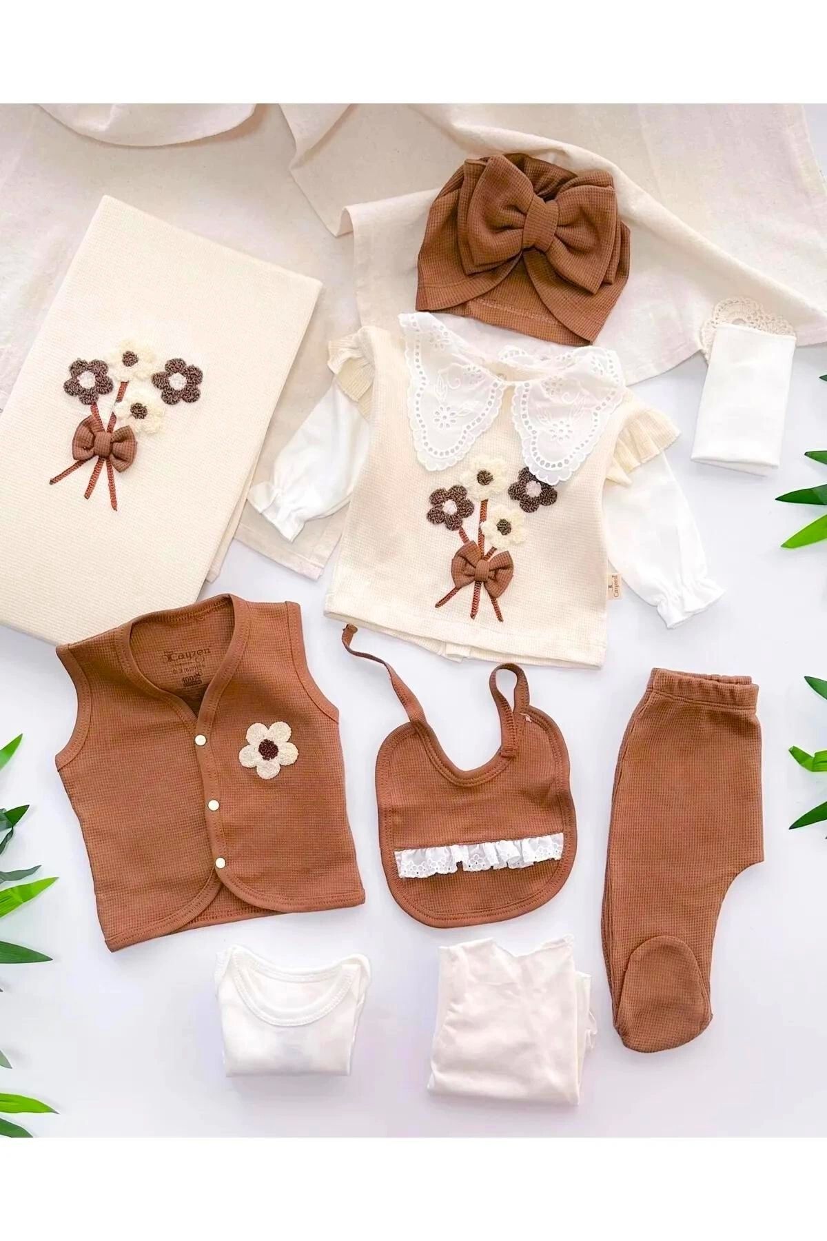 CNDR Çiçek ve Fiyonk Detaylı 10 Parça Bebek Hastane Çıkışı Ful Set